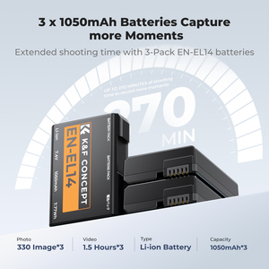 K&F Concept Convient aux <span class=keywords><strong>Nikon</strong></span> <span class=keywords><strong>D5300</strong></span> <span class=keywords><strong>D5600</strong></span> D5100, Chargeur LCD 3 emplacements et ensemble de 3 batteries rechargeables EN-EL14 pour appareil photo <span class=keywords><strong>Nikon</strong></span> - Product Image 2