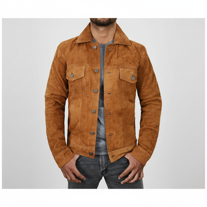Blouson de camionneur en cuir suédé véritable pour homme, blouson de moto classique marron entièrement fabriqué sur mesure par Maximize - Product Image 1