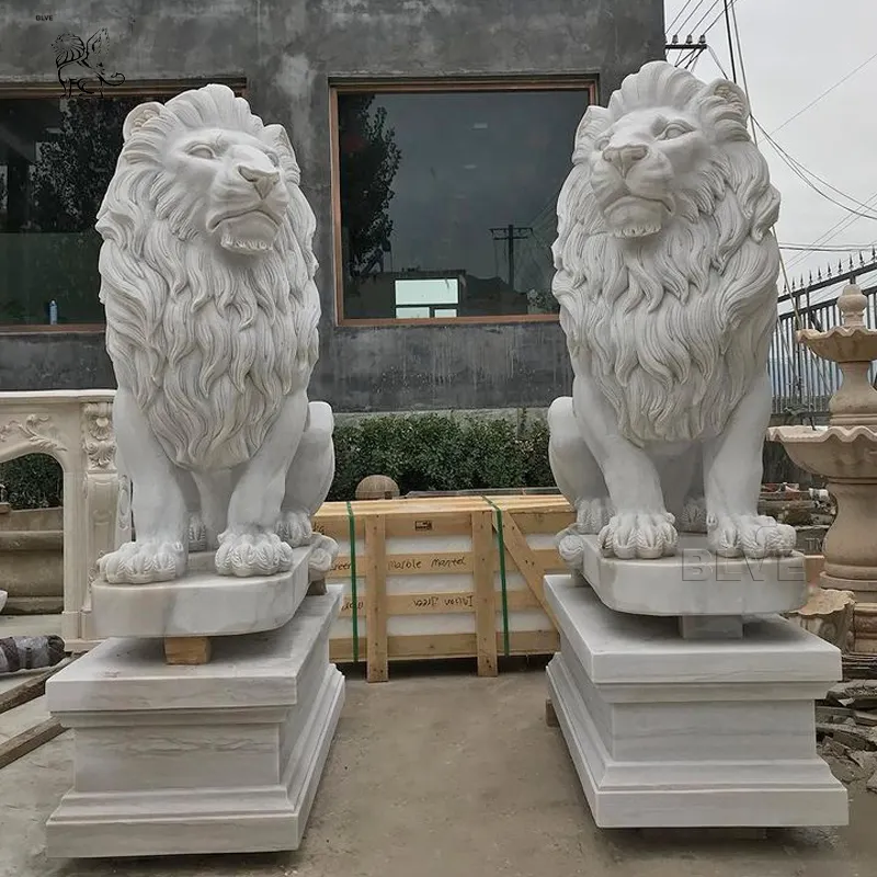 BLVE Large Outdoor Decoration Handcarved Animal Stone Sculpture Life Size Modern White Marble Lion Garden Statues for sale