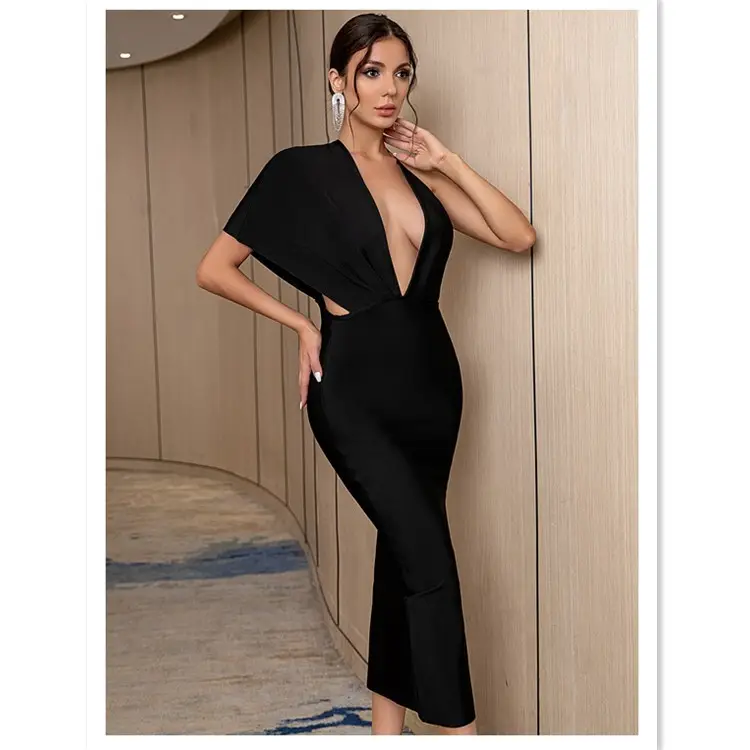 女性ファッションセクシーセレブイブニングパーティーボディコンシンプル黒包帯ドレス工場供給