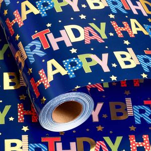 Merture Birthday Wrapping <b>Paper</b> <b>Roll</b> 17 In X 32.8 Ft Blue Foil Lettering Gift <b>Wrap</b> for Birthday Party Craft - Product Image 1