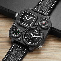 Montre-Bracelet Homme OULM 1169 à Cadran Carré Analogique Fuseaux Horaires Multiples, Bracelet en Cuir Véritable, Mode Décontractée, Lumineuse à Quartz