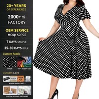 Robe personnalisée grande taille à pois pour femme, col en V, manches volantées, taille haute, coupe évasée, longueur midi, style rétro vintage OEM ODM