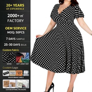 Abito a <span class=keywords><strong>Pois</strong></span> Personalizzato Plus Size da Donna, Scollo a V, Maniche a Sbuffo, Vita Alta, Linea ad A, Svasato, Lunghezza Midi, Stile Retrò Vintage OEM ODM - Product Image 1