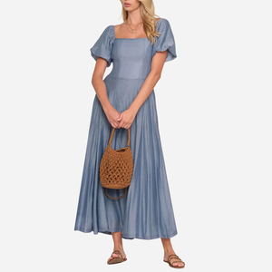 <span class=keywords><strong>Vestido</strong></span> Azul Polvoriento para Mujer, Cuello <span class=keywords><strong>Cuadrado</strong></span>, <span class=keywords><strong>Manga</strong></span> <span class=keywords><strong>Abullonada</strong></span>, Corte en A, Plisado, Casual, de Verano - Product Image 1