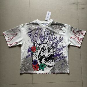 アメリカンヴィンテージメンズストリートウェア高品質ゴシックスカルフラワープリント卸売半袖KLEEP Tシャツ（メンズ） - Product Image 1