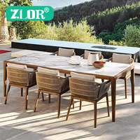 Ensemble de table et de chaises de salle à manger d'extérieur en teck moderne pour hôtel, villa et école, avec coussins imperméables empilables