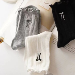 Women Slouch <b>Socks</b> Mid Calf Cotton Breathable Ruffled Trim Embroidered Bow White Black Gray Sweat Absorbing Odor Resistant - Product Image 2