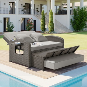 <span class=keywords><strong>Chaise</strong></span> longue double inclinable en rotin gris pour 2 personnes, dossier réglable, idéale pour le bord de piscine – Offre spéciale - Product Image 2