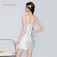 Guiruo Adorable Vestido de Dormir Floral de Seda Helada Transpirable sin Mangas con Escote en V Profundo, Almohadillas Push-up y Cintura Ajustada, Tipo Bata Exterior