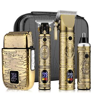 Dropshipping 740 NOUVEAU Kit de toilettage pour hommes : <span class=keywords><strong>Tondeuse</strong></span> à cheveux, Rasoir électrique, <span class=keywords><strong>Tondeuse</strong></span> à barbe et <span class=keywords><strong>Tondeuse</strong></span> nez, Corps métallique doré - Product Image 1