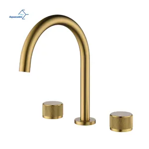 Modern Brass Hotel Deck Mounted Gold Basin Mixer Tap Bathroom Faucet 3 Holes With Round Handle