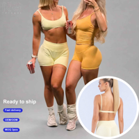 Ensemble d'entraînement pour femmes-Soutien-gorge de sport-Top taille haute Scrunch Butt Biker Shorts 3pcs Gym Fitness