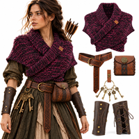 Ensemble de costume médiéval Viking Celtique, écharpe tricotée, pochette en cuir avec clés squelette, protège-bras, tenue de cosplay Renaissance