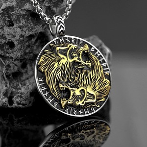 Double Wolf Head Pendant <b>Titanium</b> Steel Men's Necklace Gold Color Asymmetrical Animal Design Everyday Wear Fine Pendants - Product Image 1