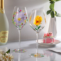 Verre à vin en cristal peint à la main, style vintage, à pied haut, motif floral, décoratif, avec tige colorée, tournesol, tulipe, idéal pour cadeau, vente en gros
