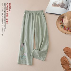 Elastic Waist Wide Leg Pants Women Cotton Linen Embroidery Casual Loose Fit Spring Summer Autumn Breathable Chinese Style - Product Image 3