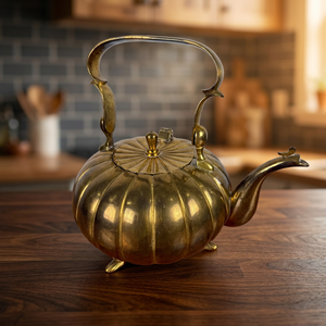 Vintage Brass Pumpkin Shape Tea Kettle With <b>Lid</b> And Handle Metal Water <b>Pot</b> - Product Image 2