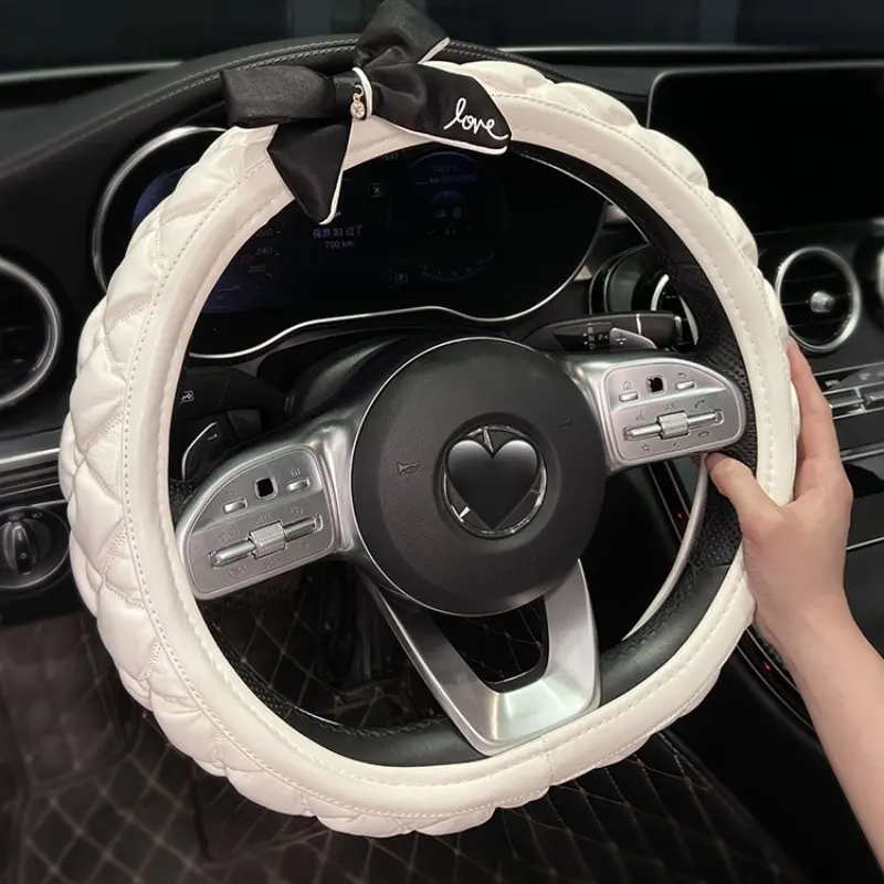 15 inch white bowknot universal PU leather silicone custom car steering wheel cover for girls and women