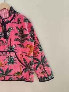 Pink Jungle Print Quilted <b>Jacket</b> <b>for</b> <b>Women</b>, Handmade Cotton Kantha <b>Jacket</b>, Leopard & Palm Print Winter Coat, Boho Zip Up <b>Jacket</b> - Product Image 5