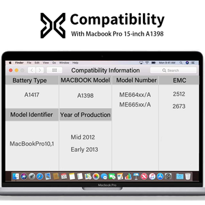 Batería para Laptop <span class=keywords><strong>Macbook</strong></span> <span class=keywords><strong>Pro</strong></span> <span class=keywords><strong>2013</strong></span> 2012 <span class=keywords><strong>15</strong></span> Pulgadas 8880mAh A1398 A1417 Baterías Recargables para Laptop con Herramientas de Instalación 2512 2673 - Product Image 2