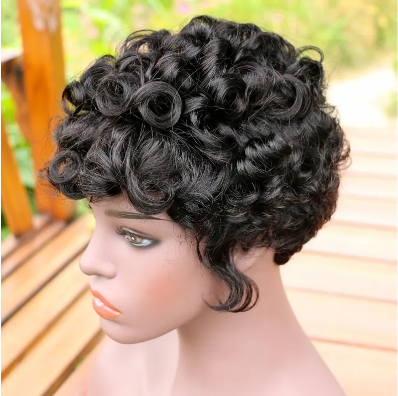 Peruca de cabelo curto encaracolado, baratos para mulheres, não renda natural cor preta 100% cabelo encaracolado brasileiro