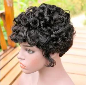 Cheap Short Curly Human Hair Wigs For Females、Non Lace Natural Black Color 100% Curly Brazilian Hair Wigs