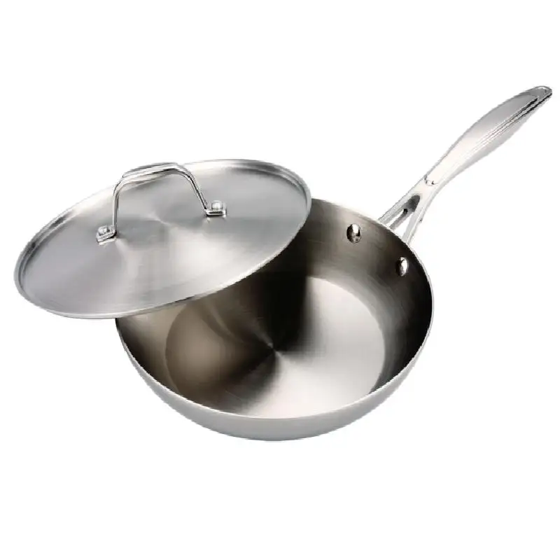 त्रिकोणीय प्लाई 304 स्टेनलेस स्टील फ्राइंग पैन स्टेनलेस स्टील cookware के लिए 304 स्टील ढक्कन संभाल के साथ थोक अंडा फ्राइंग पैन