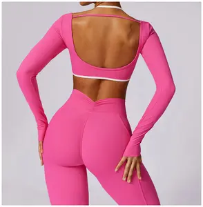 Nuovo arrivo Set yoga senza schienale personalizzato con logo a maniche lunghe Leggings con blocco di colore tuta yoga da donna tuta sportiva e fitness