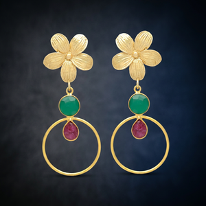 Pendientes Circulares de Rubí y Aguamarina con Forma de Flor, Pendientes de Piedras Preciosas Hechos a Mano, Chapados en Oro, Diseño Étnico Moderno para Bodas y Fiestas - Product Image 2