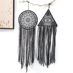 <span class=keywords><strong>Attrape</strong></span>-rêves mural en macramé avec triangle noir, <span class=keywords><strong>cercle</strong></span>, lune, pierres précieuses naturelles et œil maléfique, décoration d'intérieur - Product Image 1