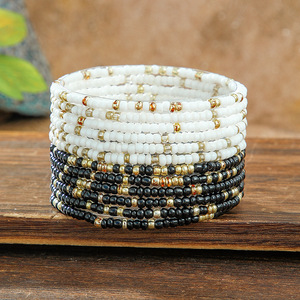 <b>Beaded</b> <b>Bracelets</b> Black White Acrylic Resin Bohemia Style Elastic Unisex Fashion Jewelry Set - Product Image 3
