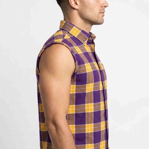 Hot <b>Plaid</b> Pattern Cotton Loose Fit Men's Sleeveless <b>Plaid</b> Flannel <b>Shirt</b> Button Down Casual Top Purple Yellow Check With Pockets - Product Image 4