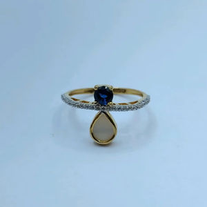 Anillo de Oro Sólido de Lujo de 22K con Piedra Azul Real y Dije en Forma de Lágrima, Anillo de Dedo con Acento de Oro 916 Marcado y Circonita Cúbica para Mujer, Venta al por Mayor - Product Image 1