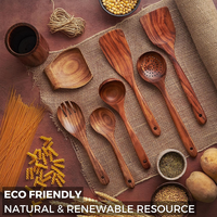 Ensemble d'Ustensiles de Cuisine en Bois de Teck Non Toxique avec Support, Spatule, Louche et Crochets Métalliques pour la Cuisson