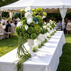 Boule de fleurs d'hortensia vert <span class=keywords><strong>et</strong></span> <span class=keywords><strong>blanc</strong></span> de 50 cm de diamètre avec des feuillages suspendus pour les centres de <span class=keywords><strong>table</strong></span> de <span class=keywords><strong>mariage</strong></span>, décoration florale - Product Image 2