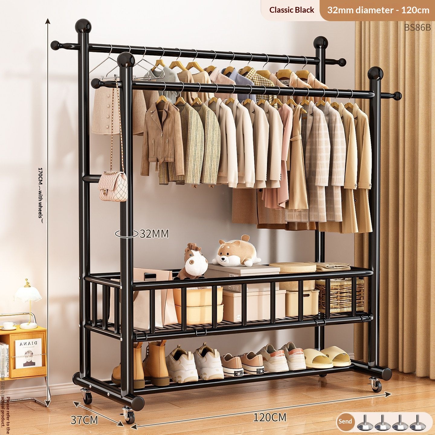 clothes hanger-32-tube double-bar-120 cm-black