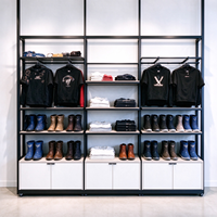 Portant à vêtements de vente au détail, structure métallique noire, base en bois, barre de suspension avec roulettes, autoportant, CE ETL, vente en gros