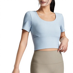 Women's Ribbed Built-in <b>Bra</b> Yoga Top Square Neck Mesh <b>Back</b> Crop Top High Stretch Breathable Athletic Workout T Shirt Wholesale - Product Image 1