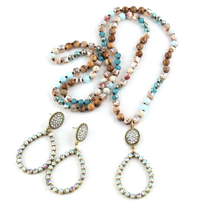 Frauen Geschenk Mode Boho Schmuck Set Naturstein Kristallglas Lang geknotet Strass Drop Anhänger Halskette Ohrring Set