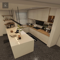 Îlot de cuisine blanc XINGRUO, armoires sans poignées, plan de travail en bois, style moderne minimaliste, sur mesure, E0 ENF, fabrication en usine