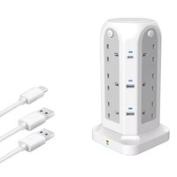 Regleta Inteligente de Alta Calidad con 12 Tomas de CA, 4 Puertos USB, 2 Puertos Tipo C, Protección contra Sobrecarga, Cable de 2m, Enchufe de Torre para Escritorio