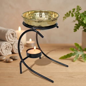 Handmade Brass Bowl Oil Burner with Black Metal Stand and <b>Tealight</b> Candle <b>Holder</b> Decorative Aromatherapy Wax Warmer - Product Image 5