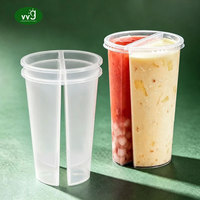 Gobelet transparent en PP à deux compartiments avec logo personnalisé VVG, contenant pour deux boissons, couvercle imprimé UV, pour bubble tea et jus de marque.