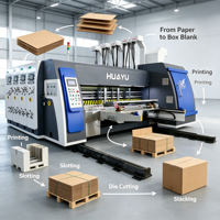Servo-gestuurde 4-kleuren flexodrukmachine met sleuvenfrees, stans- en stapelmachine voor de productie van 3/5/7-laags golfkartonnen dozen