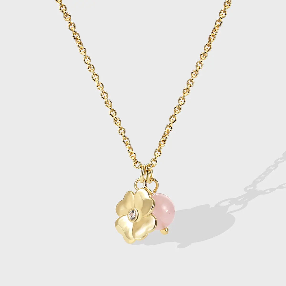 Dainty Pink Crystal Four-Leaf Clover Necklace Brass 18K Gold Plated Clover Crystal Necklace