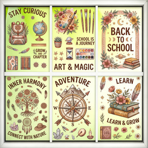Lot d'autocollants éducatifs vintage pour fenêtres - Décorations en verre sur le thème « Retour à l'école » et « Art & Magie » avec <span class=keywords><strong>boussole</strong></span>, livres et nature M - Product Image 1