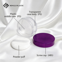 Boîte de poudre libre transparente violette en gros de l'usine Mingli, pot rond cosmétique de 15g avec tamis en maille élastique, option de logo personnalisé