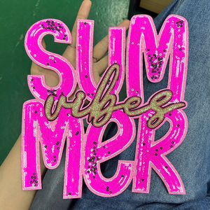 Wholesale Custom Large Summer Holiday Glitter <strong>Iron</strong> on Embroidery Letter Patches.Sequin Designer Heat Press for Clothing <strong>Cloth</strong> - Product Image 3