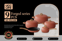 Ensemble de 9 ustensiles de cuisine de luxe en aluminium forgé, revêtement antiadhésif effet granit, comprenant une casserole, une poêle et une casserole à sauce, avec poignées en bois, vente en gros